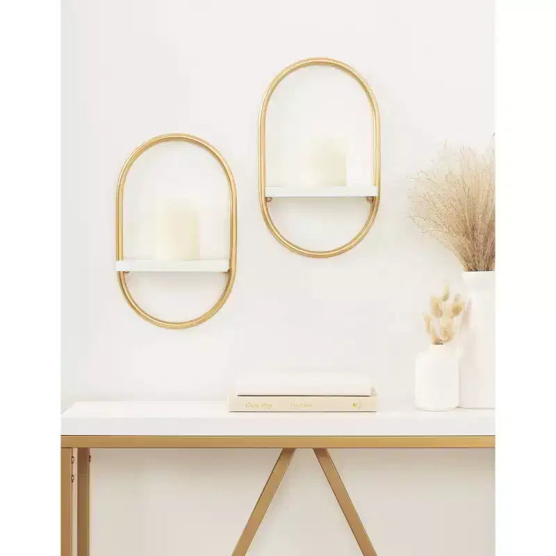 Set di 2 mensole da parete galleggianti ovali – Bianco e oro