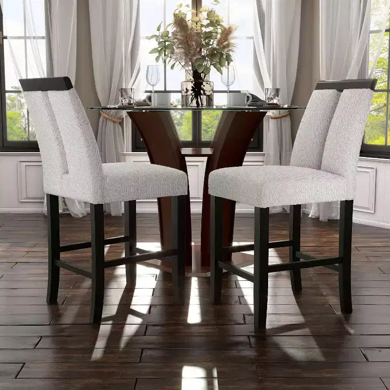 Set di 2 sgabelli da bar altezza bancone con schienale e seduta imbottiti, gambe in legno, bianco/nero