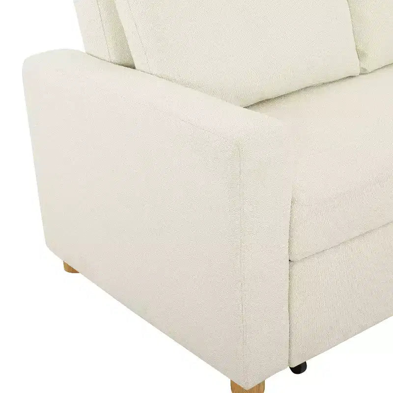 Divano Letto Convertibile – Bouclé Avorio, Misura Matrimoniale Francese, Cuscini a Molle Insacchettate, Gambe in Legno di Gomma