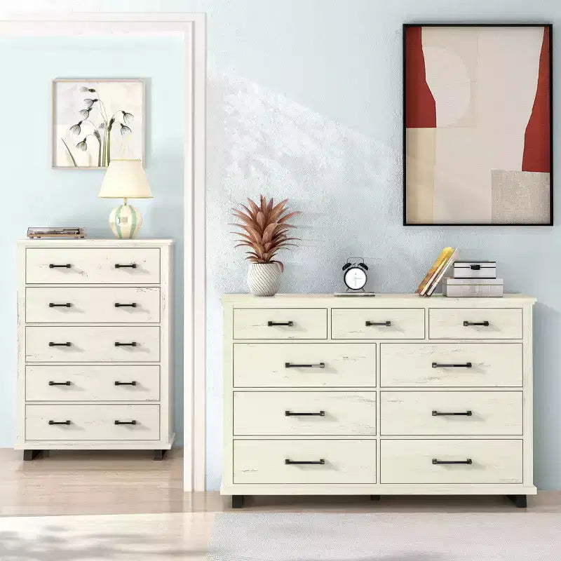 Set da 2 pezzi per camera da letto – Cassettiera a 9 cassetti e comò a 5 cassetti, bianco sporco