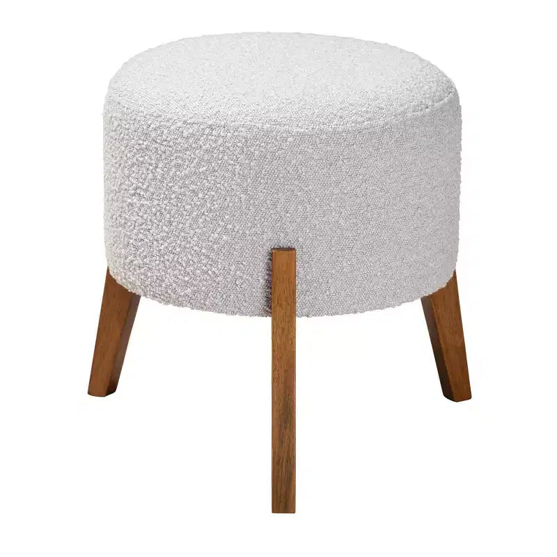 Poggiapiedi Pouf Rotondo Rivestito in Boucle con Gambe in Legno