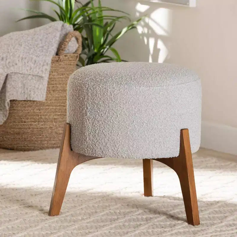 Poggiapiedi Pouf Rotondo Rivestito in Boucle con Gambe in Legno