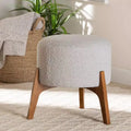 Poggiapiedi Pouf Rotondo Rivestito in Boucle con Gambe in Legno