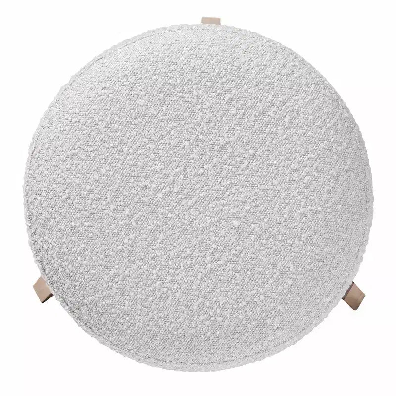 Poggiapiedi Pouf Rotondo Rivestito in Boucle con Gambe in Legno