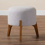 Poggiapiedi Pouf Rotondo Rivestito in Boucle con Gambe in Legno