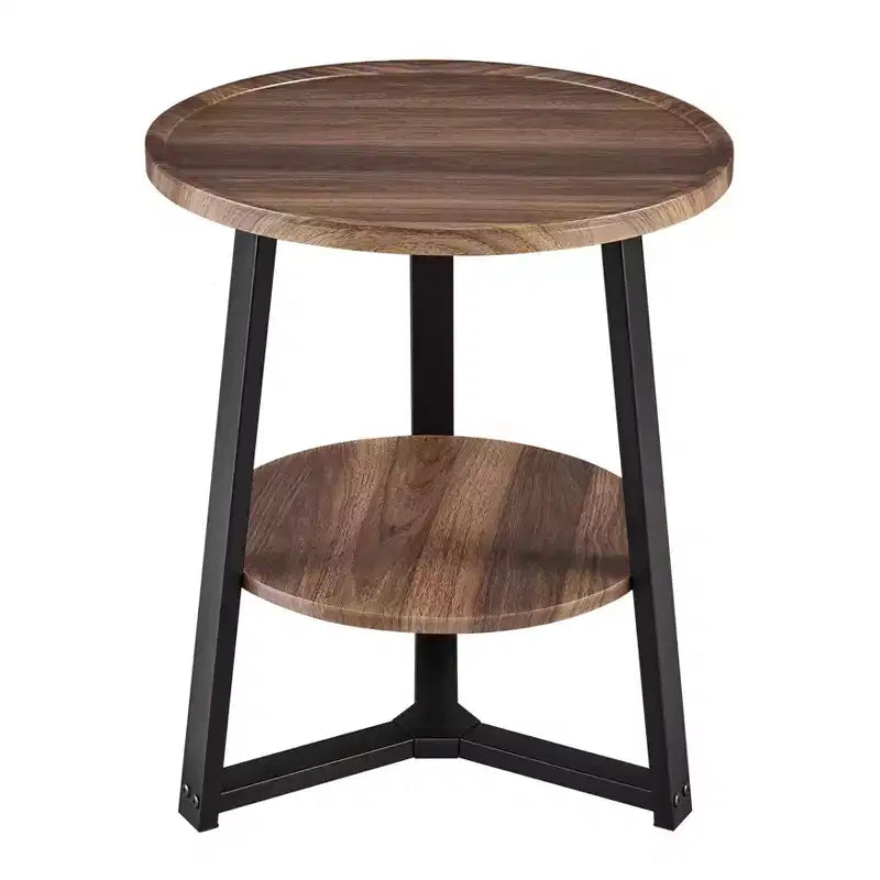 Danya B. 23.3"x19.7" Mason Round 2 Tier Mid-Century Side Accent Table with Modern Pedestal Legs Walnut/Black: Space-Saving, MDF Laminate