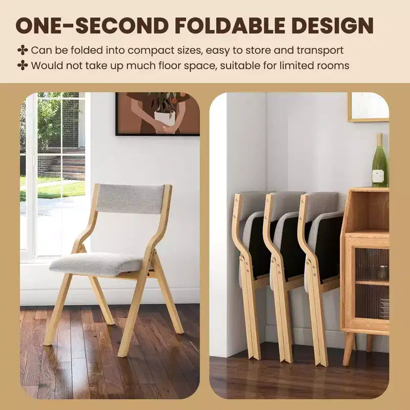 Set di 2 sedie da pranzo pieghevoli, struttura in legno con seduta imbottita in tessuto di lino