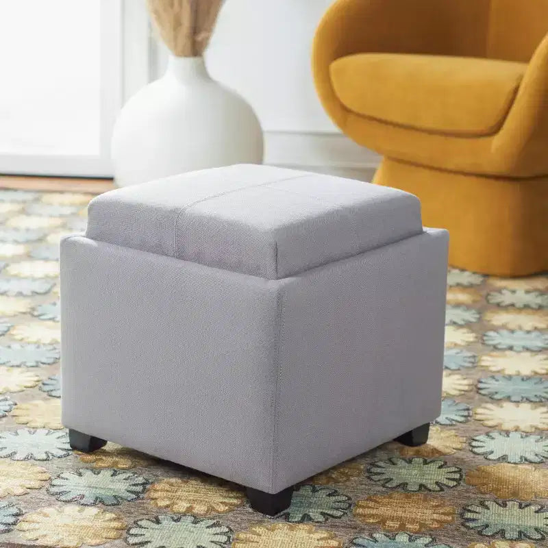 Pouf Contenitore Quadrato con Coperchio a Vassoio Ribaltabile