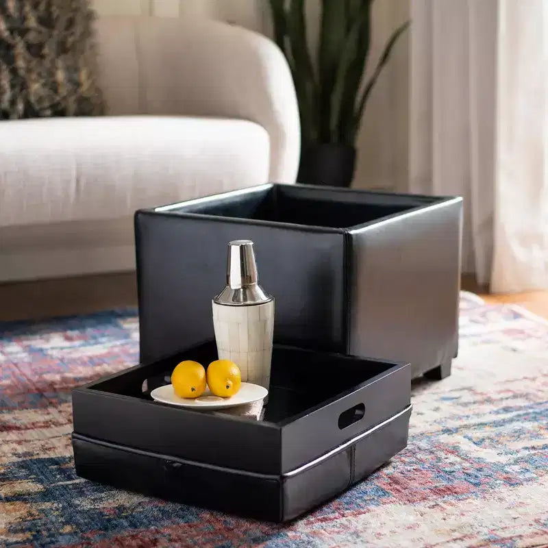 Pouf Contenitore Quadrato con Coperchio a Vassoio Ribaltabile