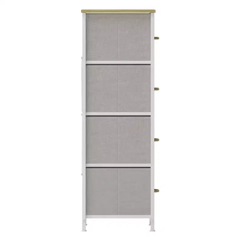 Comò contenitore a 4 cassetti con struttura in ghisa, piano in legno e cassetti in tessuto
