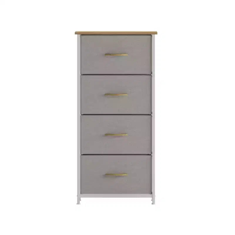 Comò contenitore a 4 cassetti con struttura in ghisa, piano in legno e cassetti in tessuto