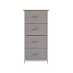 Comò contenitore a 4 cassetti con struttura in ghisa, piano in legno e cassetti in tessuto