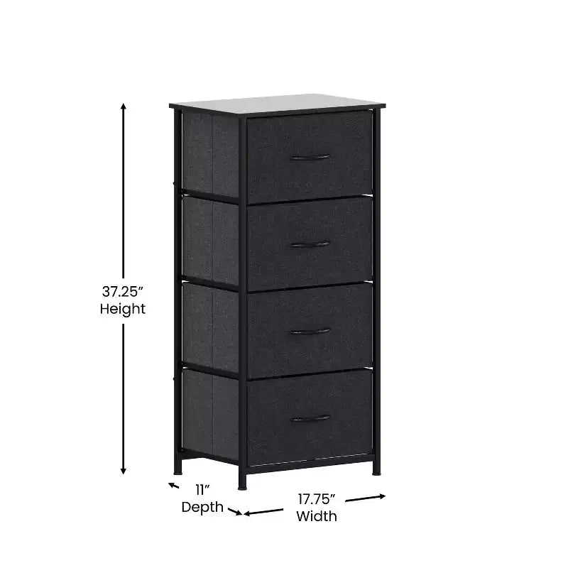 Comò contenitore a 4 cassetti con struttura in ghisa, piano in legno e cassetti in tessuto