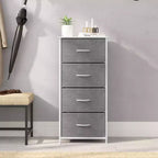 Comò contenitore a 4 cassetti con struttura in ghisa, piano in legno e cassetti in tessuto