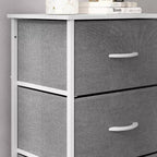 Comò contenitore a 4 cassetti con struttura in ghisa, piano in legno e cassetti in tessuto