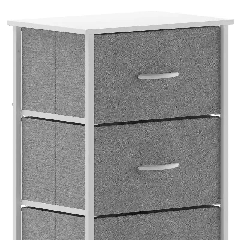 Comò contenitore a 4 cassetti con struttura in ghisa, piano in legno e cassetti in tessuto
