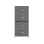 Comò contenitore a 4 cassetti con struttura in ghisa, piano in legno e cassetti in tessuto
