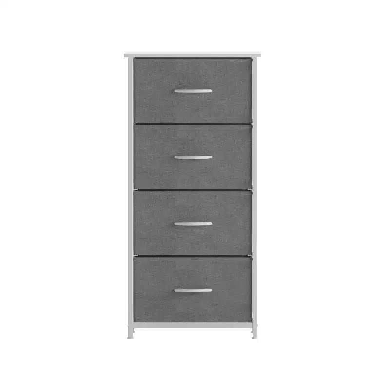 Comò contenitore a 4 cassetti con struttura in ghisa, piano in legno e cassetti in tessuto
