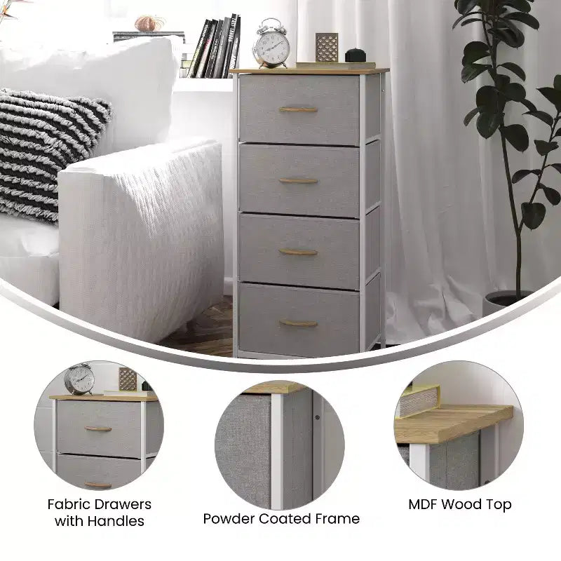 Comò contenitore a 4 cassetti con struttura in ghisa, piano in legno e cassetti in tessuto