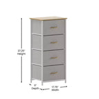 Comò contenitore a 4 cassetti con struttura in ghisa, piano in legno e cassetti in tessuto