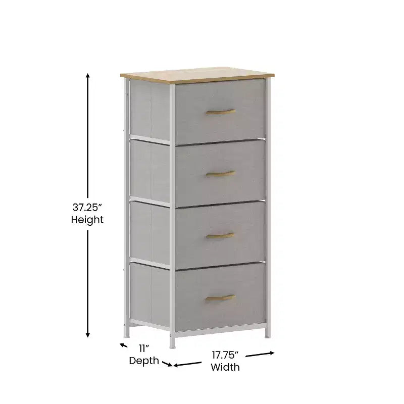 Comò contenitore a 4 cassetti con struttura in ghisa, piano in legno e cassetti in tessuto