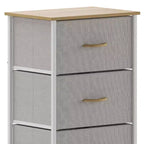 Comò contenitore a 4 cassetti con struttura in ghisa, piano in legno e cassetti in tessuto