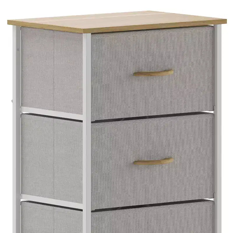 Comò contenitore a 4 cassetti con struttura in ghisa, piano in legno e cassetti in tessuto