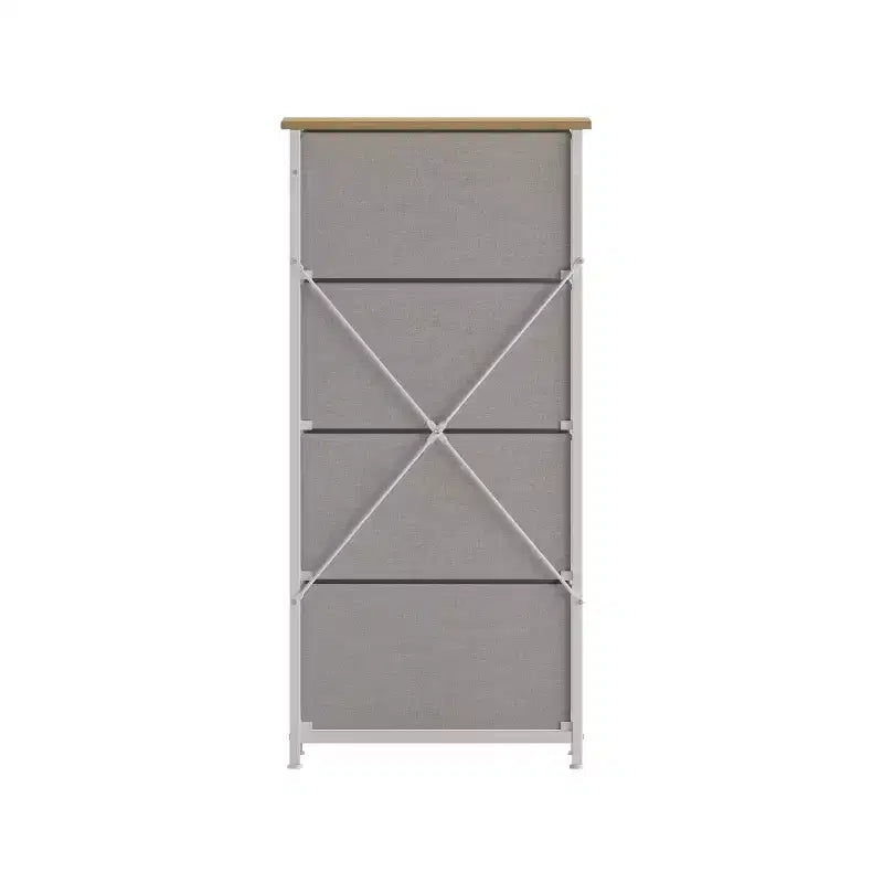 Comò contenitore a 4 cassetti con struttura in ghisa, piano in legno e cassetti in tessuto