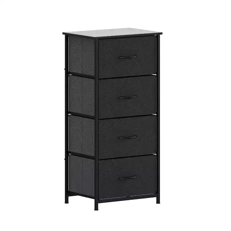 Comò contenitore a 4 cassetti con struttura in ghisa, piano in legno e cassetti in tessuto