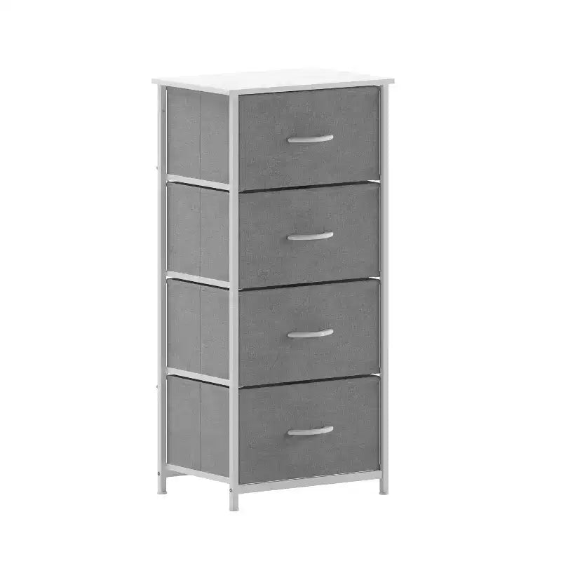Comò contenitore a 4 cassetti con struttura in ghisa, piano in legno e cassetti in tessuto