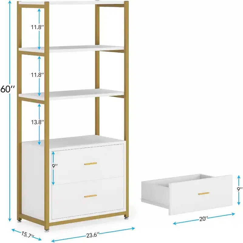Libreria a 4 ripiani con 2 cassetti