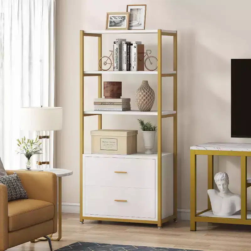 Libreria a 4 ripiani con 2 cassetti