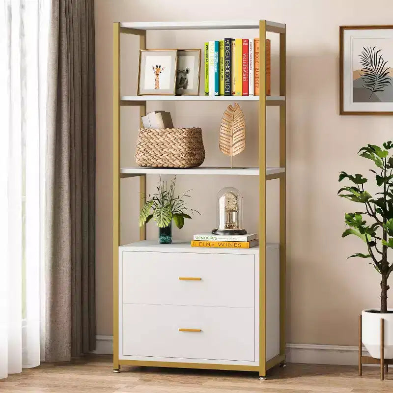 Libreria a 4 ripiani con 2 cassetti