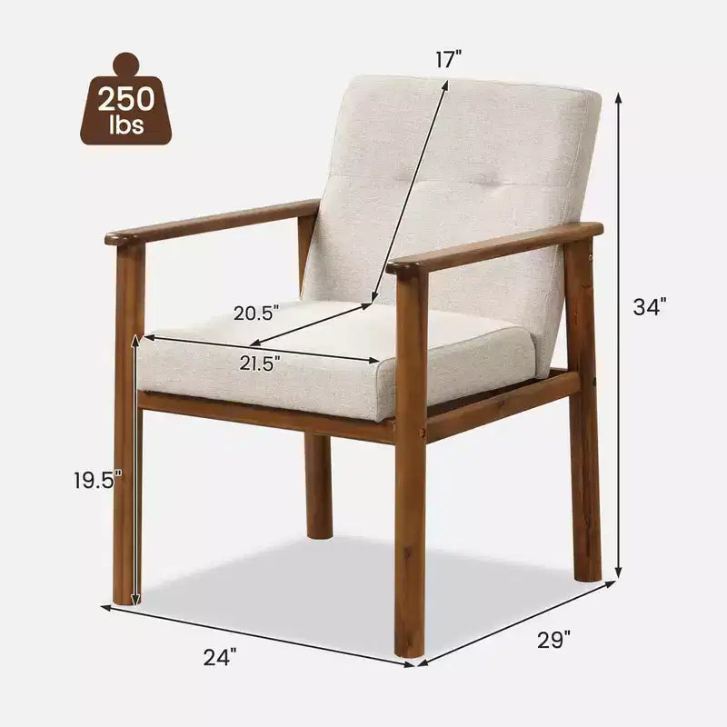 Poltrona di design moderna rivestita in tessuto di lino con gambe in legno massello