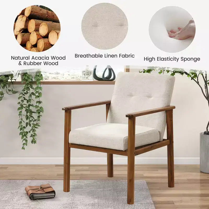 Poltrona di design moderna rivestita in tessuto di lino con gambe in legno massello