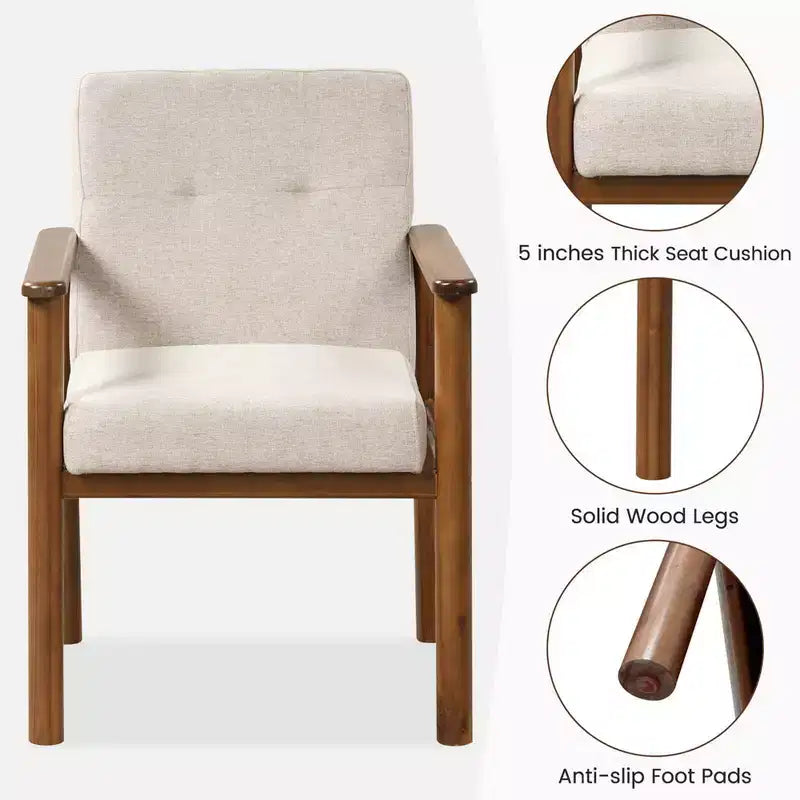 Poltrona di design moderna rivestita in tessuto di lino con gambe in legno massello