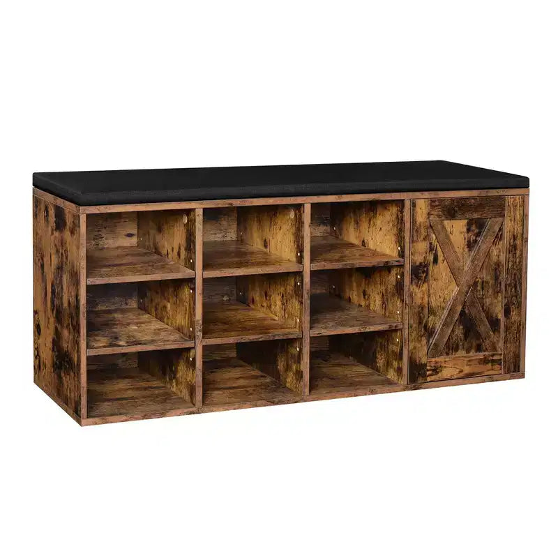 VASAGLE Storage Bench with Cupboard and 9 Open Compartments 11.8 x 43.3 x 18.9 Inches Rustic Brown