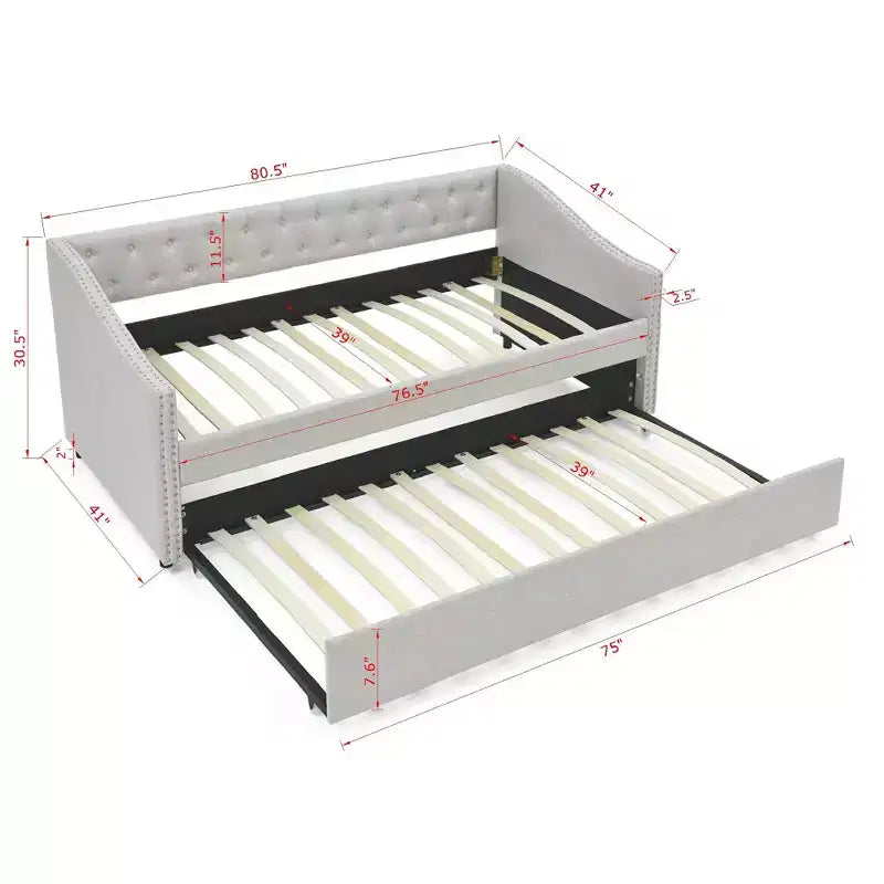 Letto a giorno matrimoniale/piazza e mezza con letto estraibile, divano letto imbottito capitonné con schienale trapuntato a bottoni e braccioli ondulati