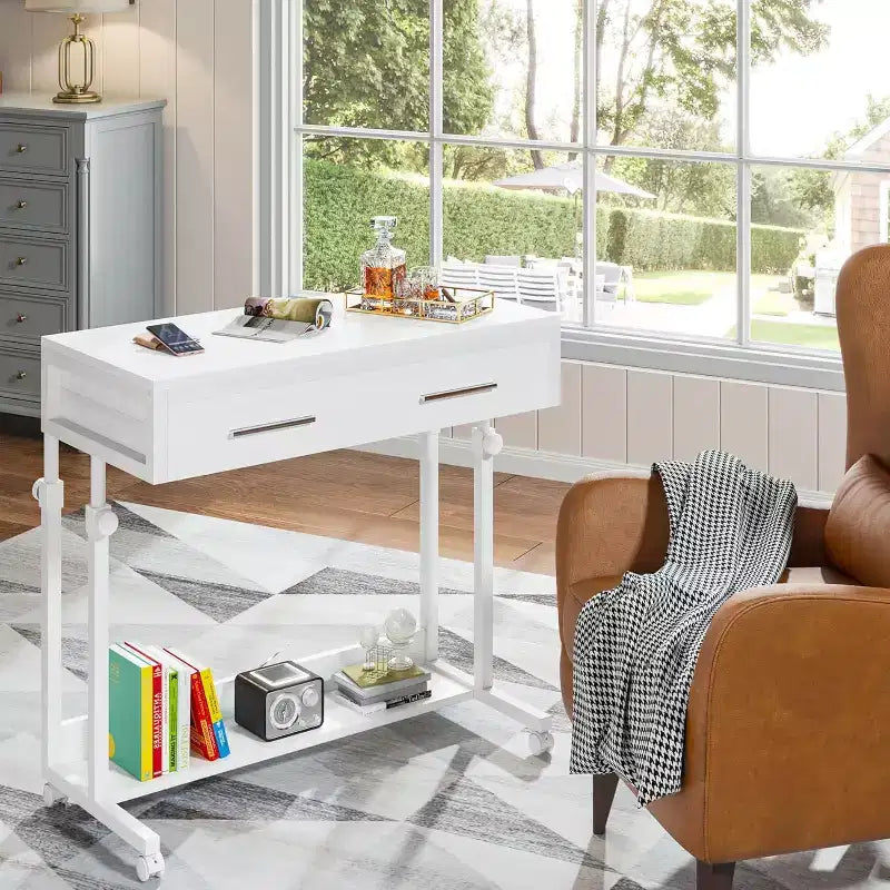 Scrivania portatile con cassetti e ruote, carrello laptop regolabile in altezza per l'home office