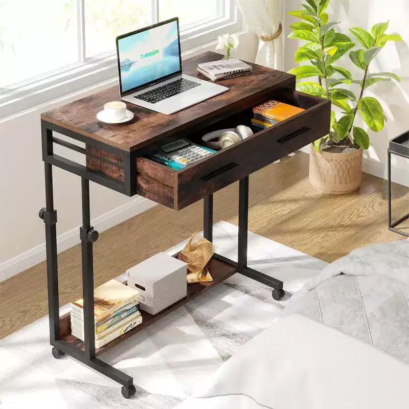 Scrivania portatile con cassetti e ruote, carrello laptop regolabile in altezza per l'home office