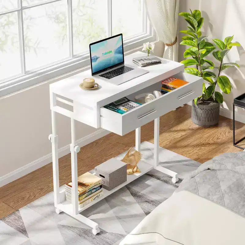 Scrivania portatile con cassetti e ruote, carrello laptop regolabile in altezza per l'home office