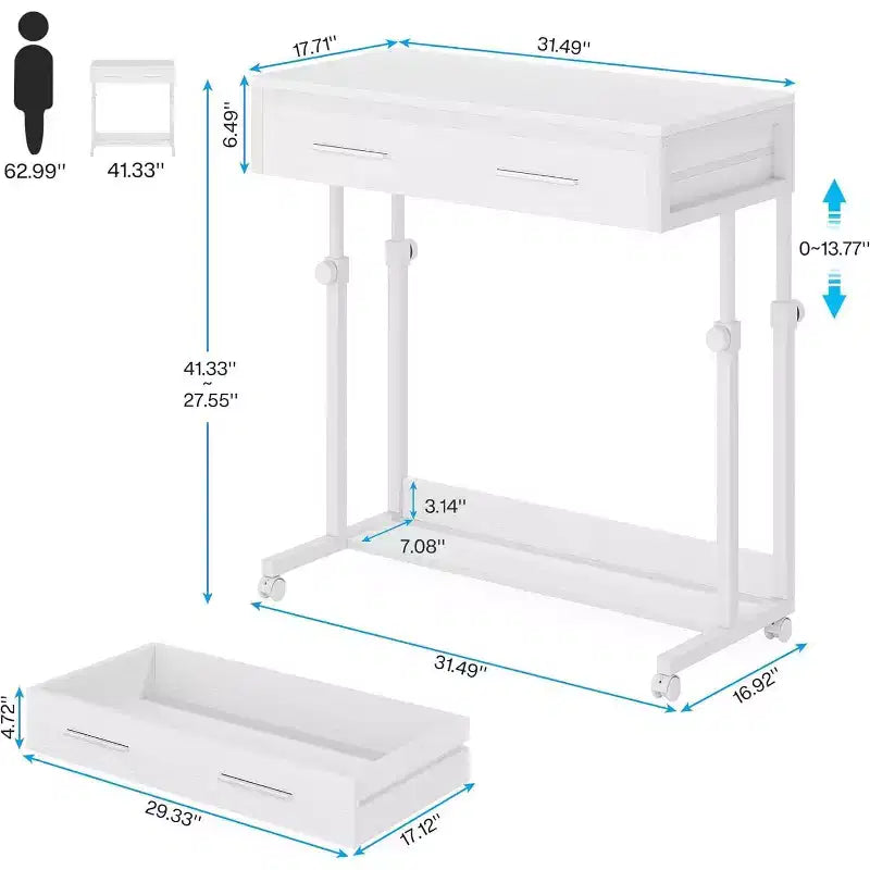 Scrivania portatile con cassetti e ruote, carrello laptop regolabile in altezza per l'home office