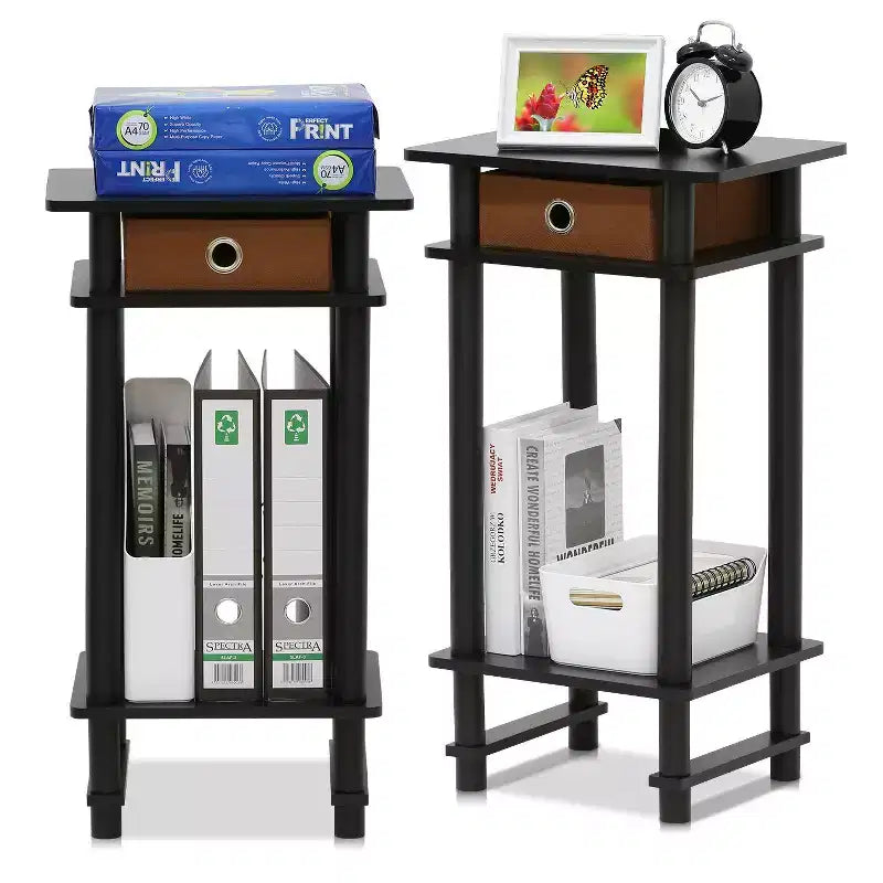 Comodino/Tavolino a 3 ripiani con 2 pezzi, cassetto rimovibile e ripiano aperto, Espresso/Marrone