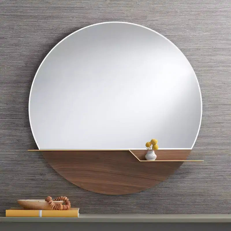 Specchio rotondo da parete con fascia in metallo dorato e cornice in legno, larghezza 80 cm