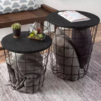 Hasting Home Set of 2 Nesting Tables with Storage - End Tables with Removable Wood Tops and Metal Basket Frame