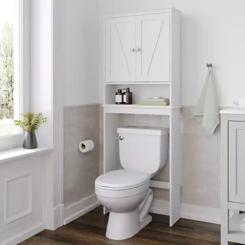 Mobiletto da bagno sopra il WC in stile rustico con ante a chiusura magnetica, ripiano regolabile e ripiano inferiore aperto