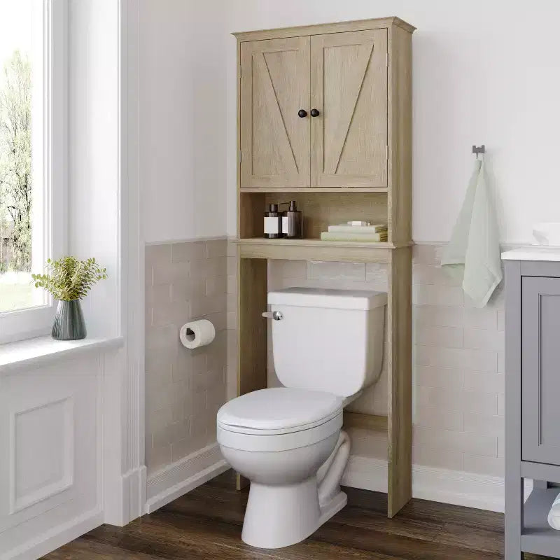 Mobiletto da bagno sopra il WC in stile rustico con ante a chiusura magnetica, ripiano regolabile e ripiano inferiore aperto