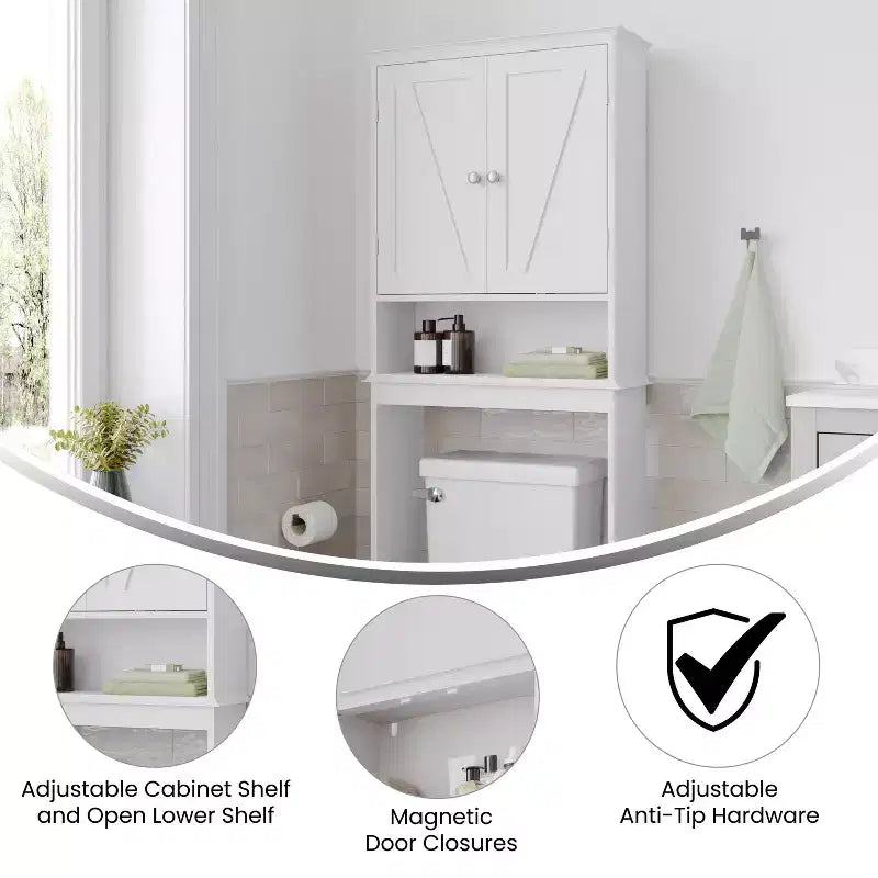 Mobiletto da bagno sopra il WC in stile rustico con ante a chiusura magnetica, ripiano regolabile e ripiano inferiore aperto