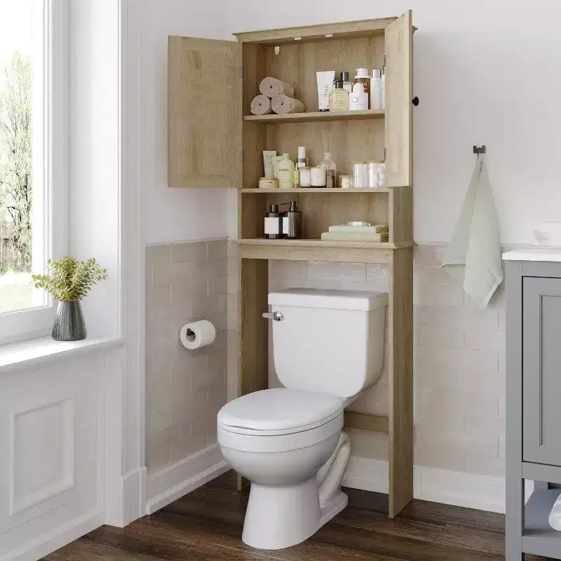 Mobiletto da bagno sopra il WC in stile rustico con ante a chiusura magnetica, ripiano regolabile e ripiano inferiore aperto