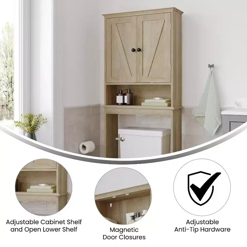Mobiletto da bagno sopra il WC in stile rustico con ante a chiusura magnetica, ripiano regolabile e ripiano inferiore aperto